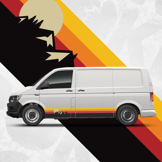 Mountain Sunset Side Stripe Decals for VW Transporter T4 T5 T6 – Triple Retro Colour Vinyl Graphics Kit