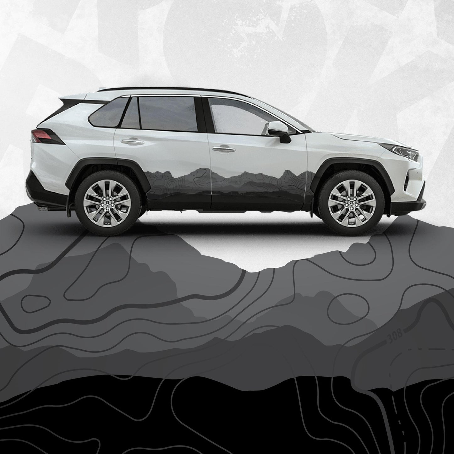 Toyota RAV4 Decals - Mountain Landscape Topographic Map Pattern in Black Scheme - Side Stripe Wrap Kit of 2