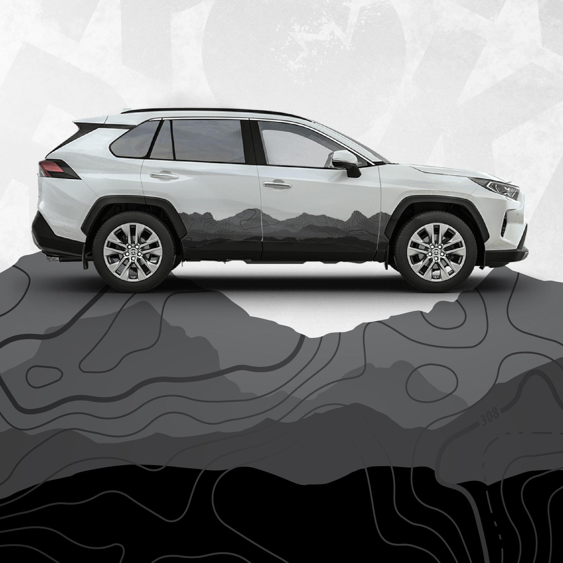 Toyota RAV4 Decals - Mountain Landscape Topographic Map Pattern in Black Scheme - Side Stripe Wrap Kit of 2