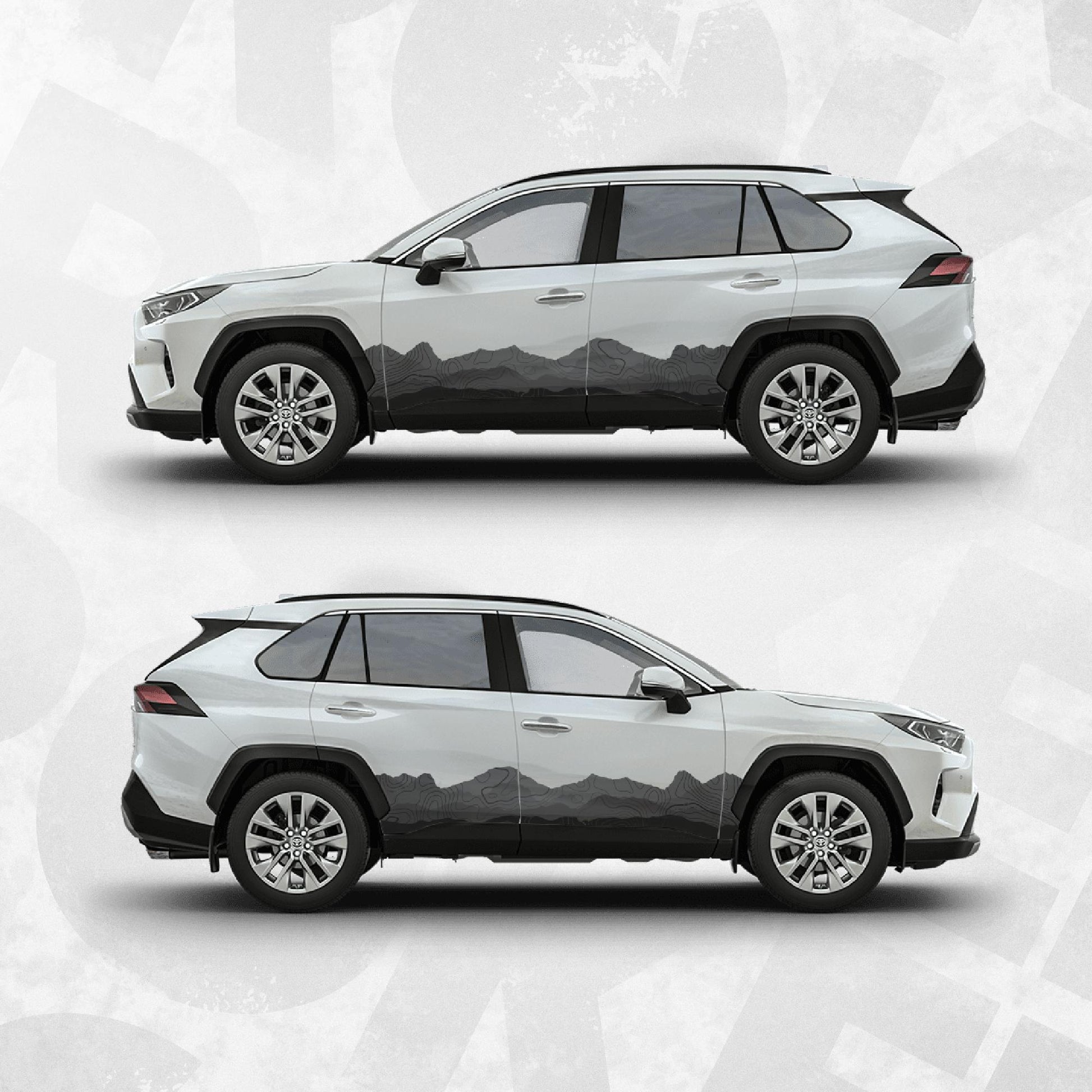 Toyota RAV4 Decals - Mountain Landscape Topographic Map Pattern in Black Scheme - Side Stripe Wrap Kit of 2