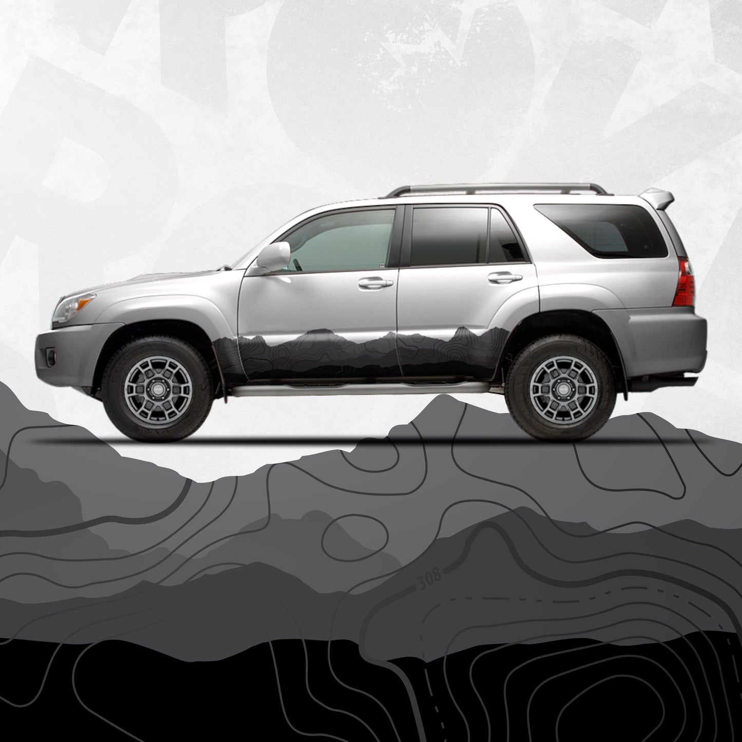 Toyota 4Runner Rocker Panel Decals – Mountain Range Topographic Side Stripe Wrap Kit | Off-Road Vinyl Graphics Set