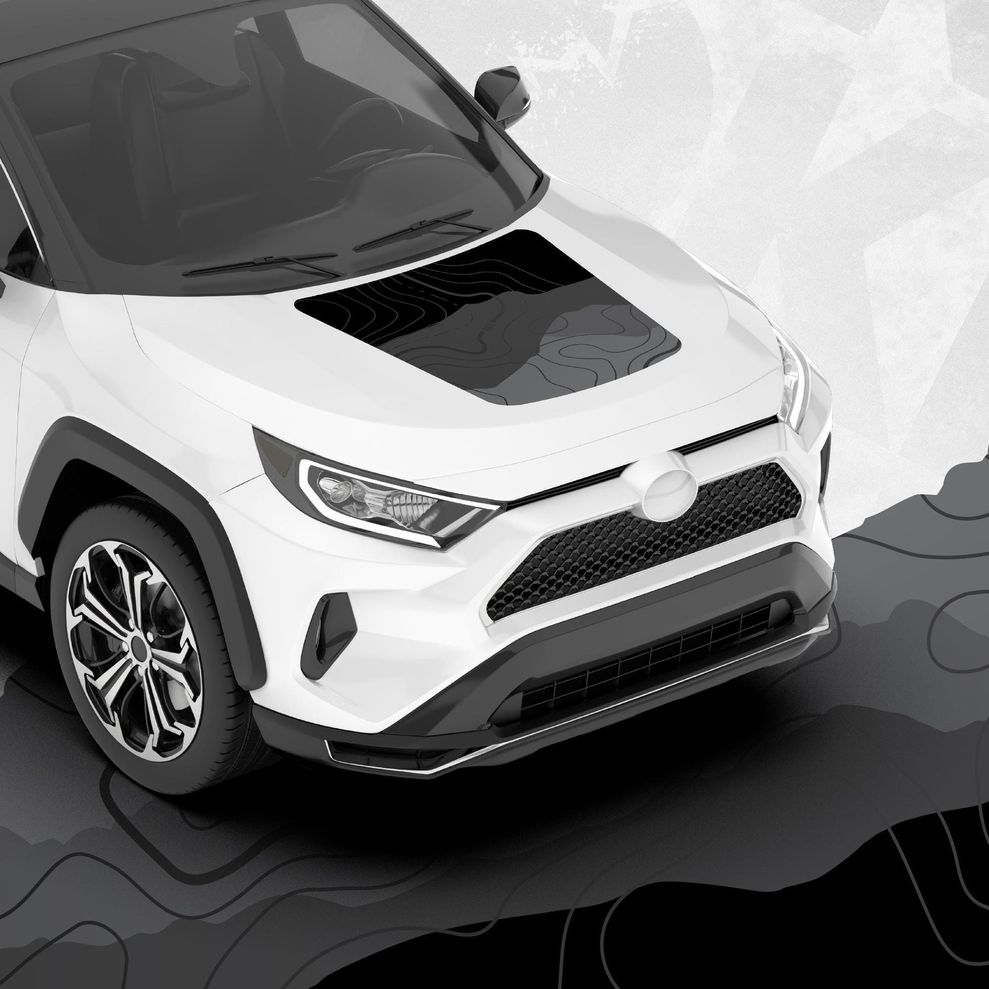 Toyota RAV4 Hood Decal – Black Mountain Topographic Wrap Graphic – SUV Vinyl Hood Sticker