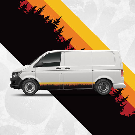 Retro Forest Sunset Stripe Decal Kit for VW Transporter Multivan – Adventure Van Side Graphics – Fits T4 T5 T6 – ORAJET Wrap Vinyl