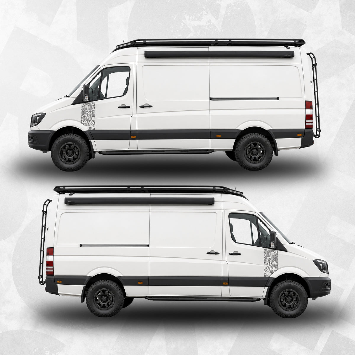 Mercedes Sprinter Topographic Door Wrap Decal showcased on a white van, highlighting sleek design and custom fit.