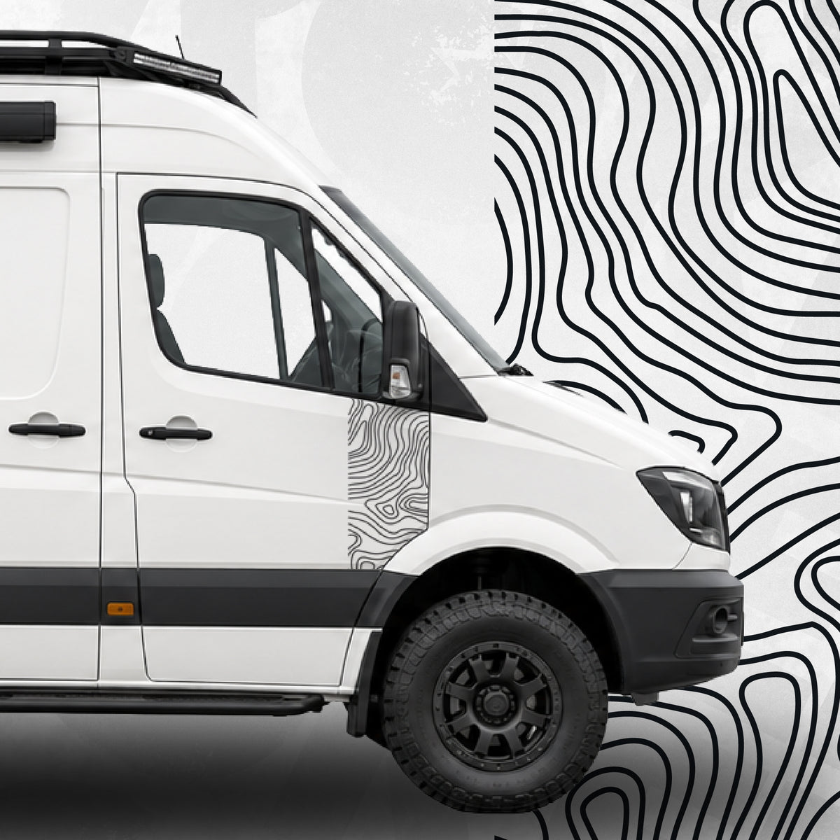 Mercedes Sprinter Topographic Door Wrap Decal applied on a white van, featuring sharp contour details and sleek design.