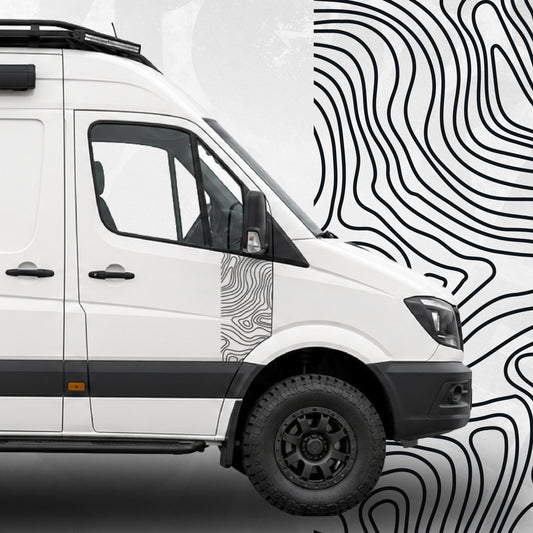 Mercedes Sprinter Topographic Door Wrap Decal applied on a white van, featuring sharp contour details and sleek design.