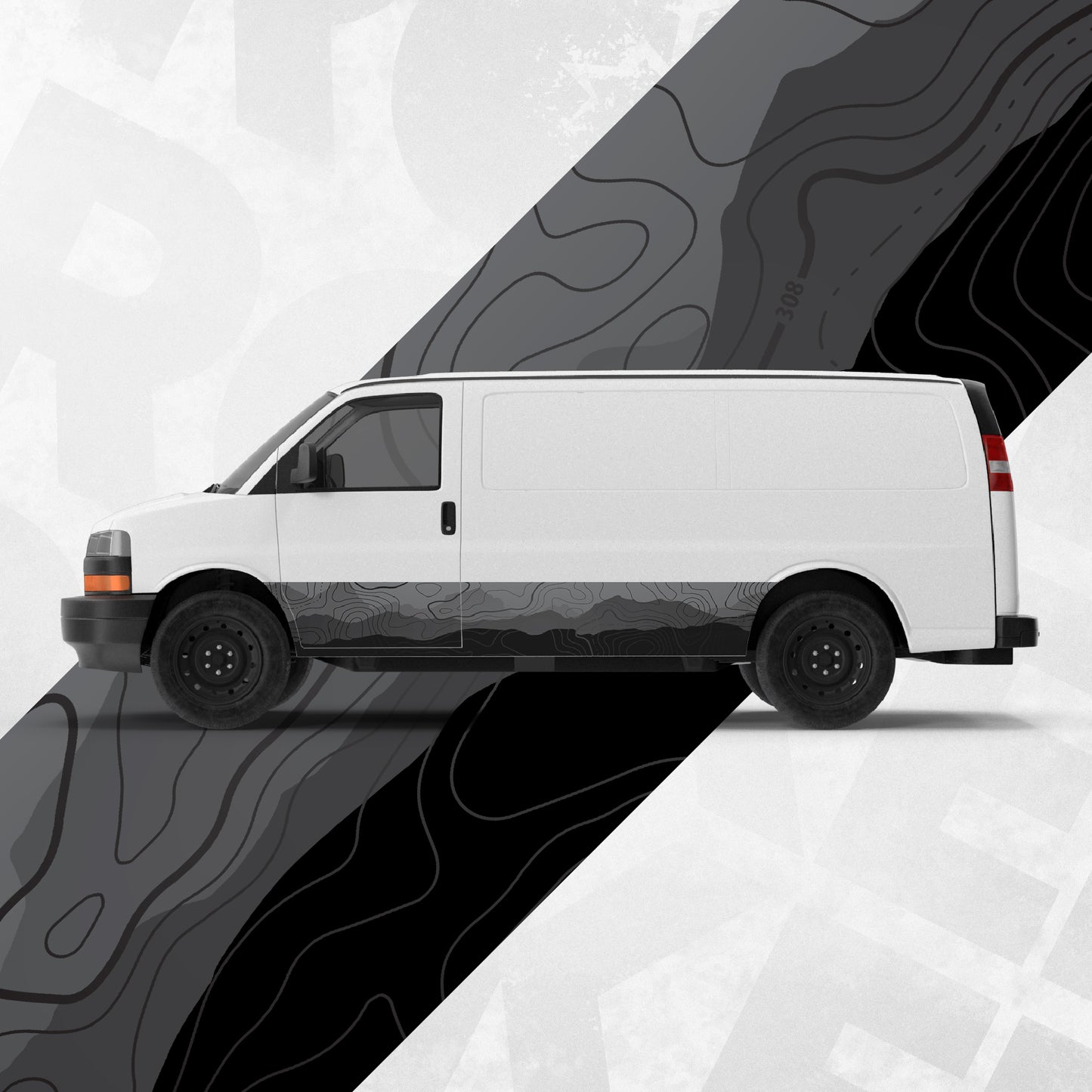 Universal Topographic Partial Wrap applied to a white van, showcasing a sleek custom vinyl sheet design with topographic patterns.