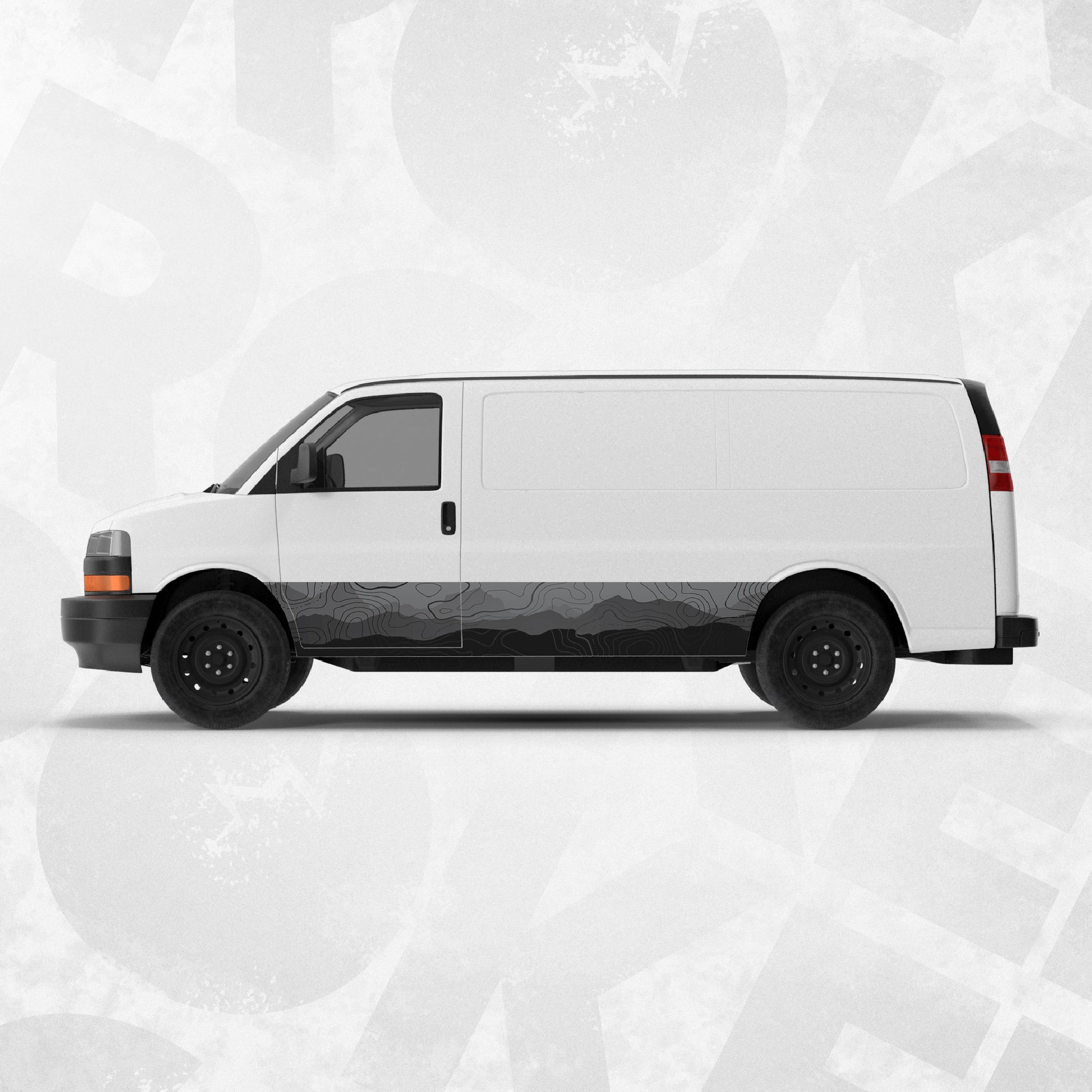 Universal Topographic Partial Wrap displayed on a white van, showcasing custom vinyl graphic design.