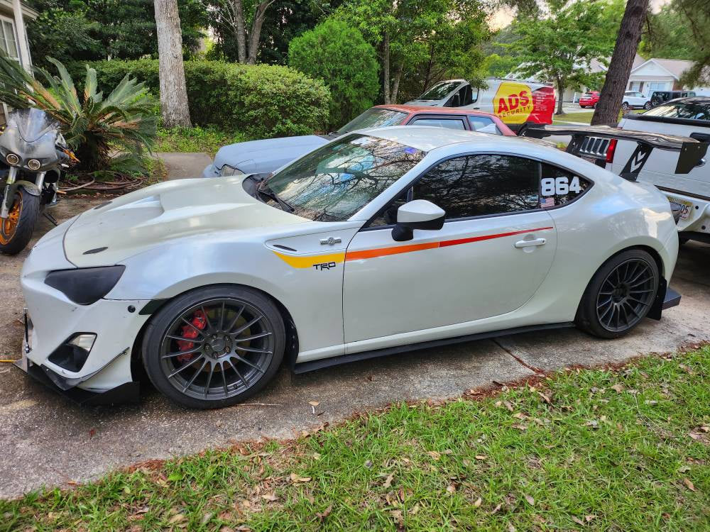 Toyota GT86 TRD Style Side Stripe Decal kit showcased on a modified sports coupe in a vintage racing look.