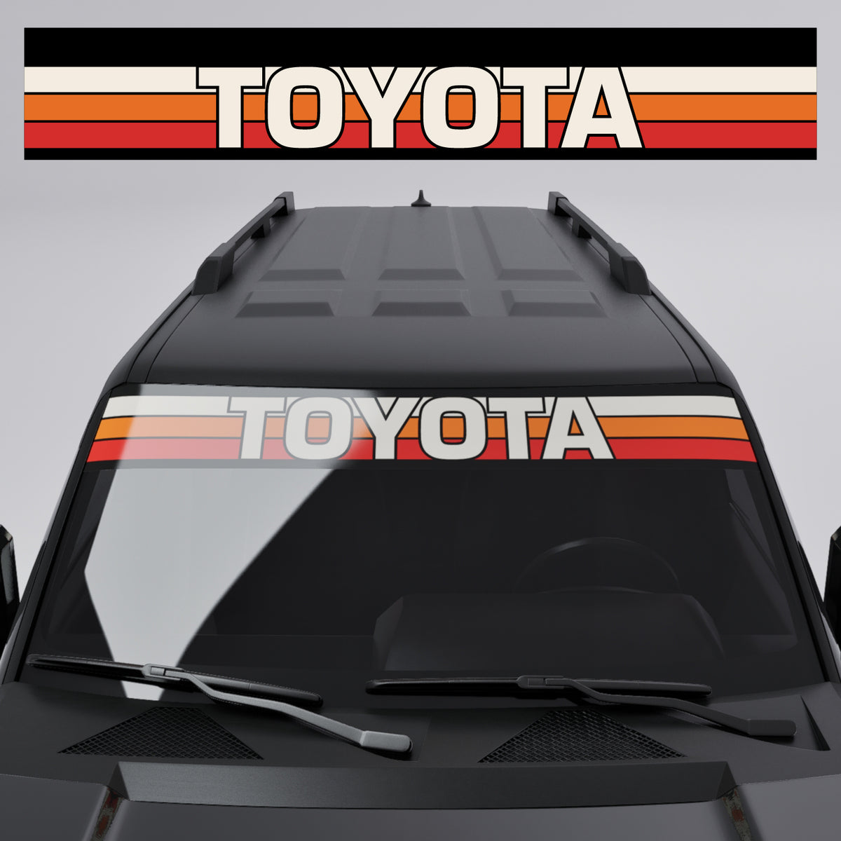 Toyota Retro Stripe Windshield Banner Decal on a vehicle showcasing vintage 70s style with bold Toyota branding.