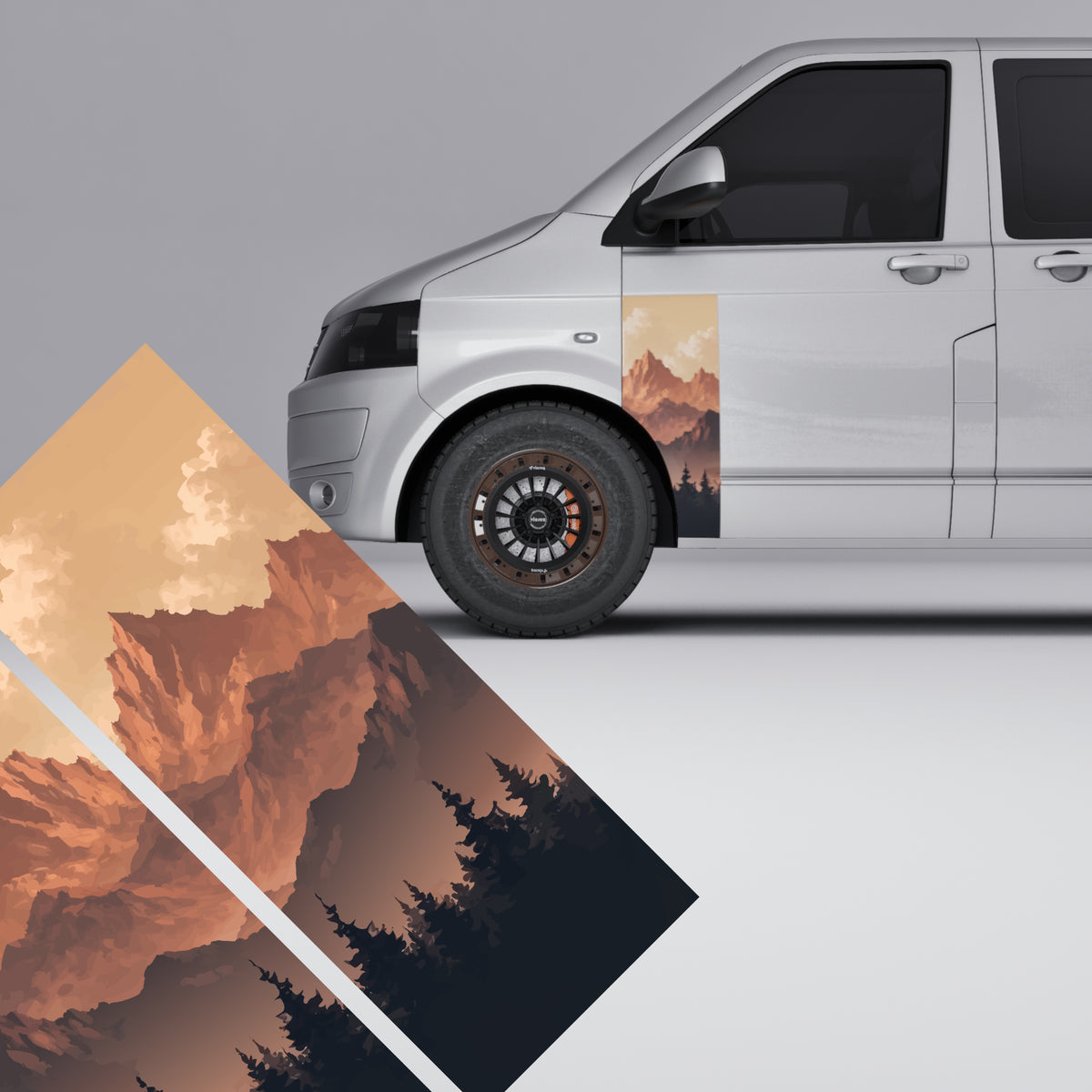 VW Transporter T5 T6 Sunset Mountain Forest Door Decal displayed on a van with mountain and forest design.