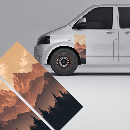 VW Transporter T5 T6 Sunset Mountain Forest Door Decal displayed on a van with mountain and forest design.