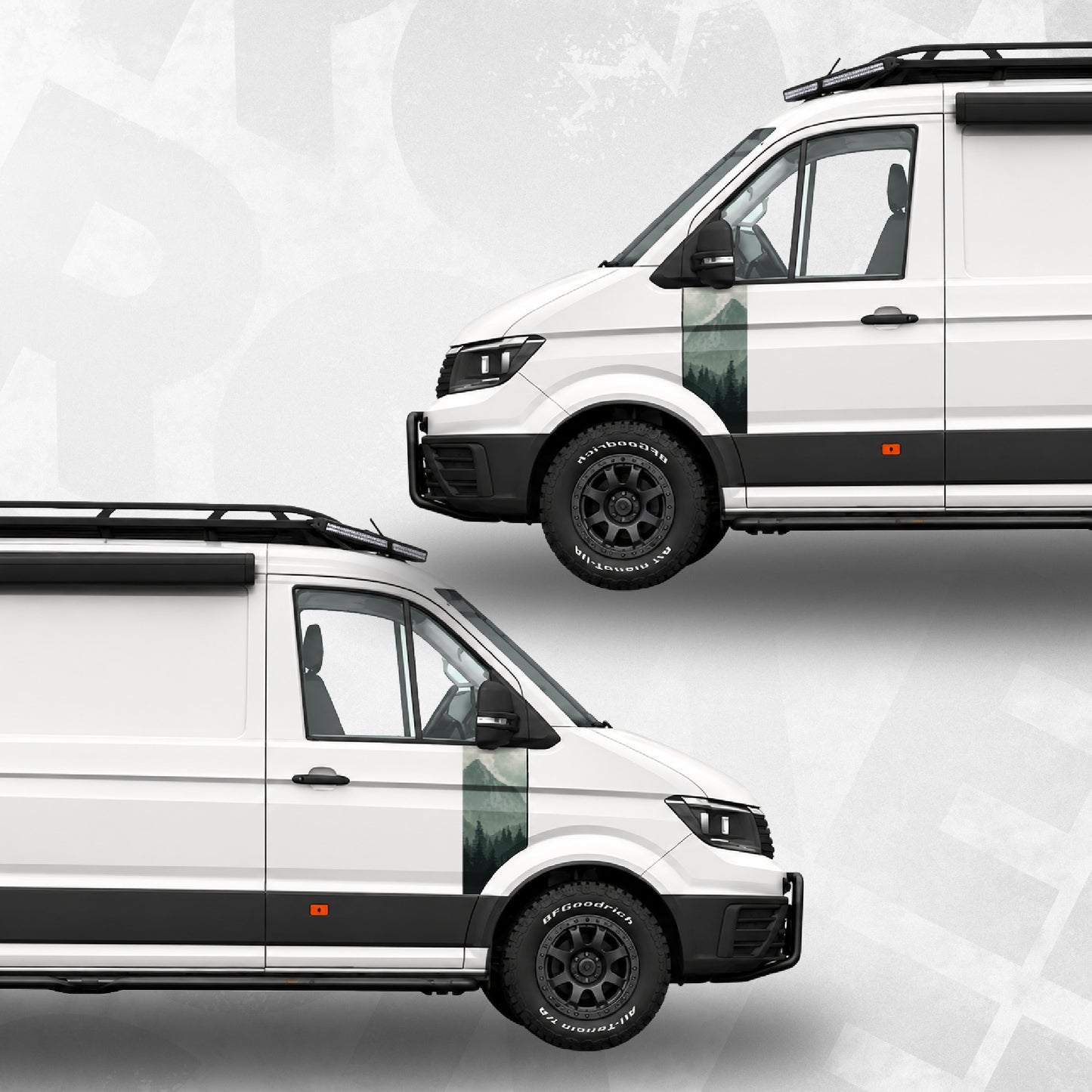 Misty Forest Door Decal VW Crafter illustrated on a white van, showcasing foggy mountain scenery design.
