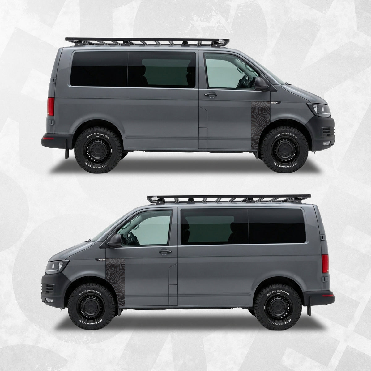 VW Transporter Contour Line Topographic Door Decal displayed on grey VW Transporter with roof rack