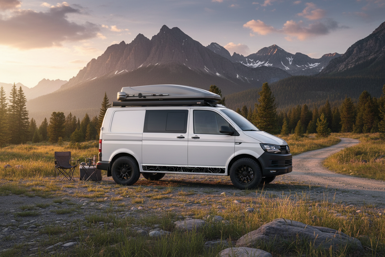 VW Transporter Multivan with topographic decals in adventure scene