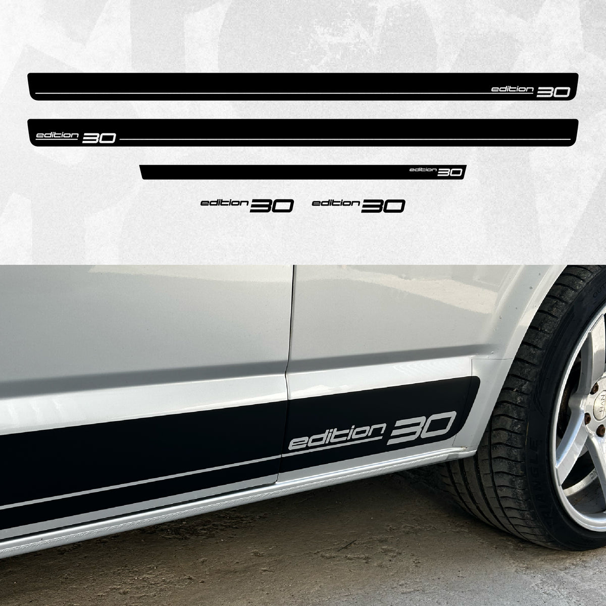 VW Transporter T6 Edition 30 Side Stripe Decal kit featuring black stripes and "edition 30" lettering.