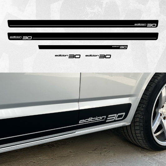 VW Transporter T6 Edition 30 Side Stripe Decal kit featuring black stripes and "edition 30" lettering.