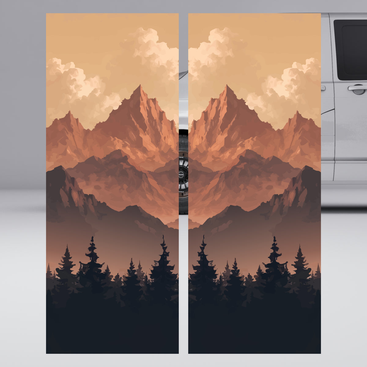 VW Transporter T5 T6 Sunset Mountain Forest Door Decal displayed on van doors with mountains and forest design.