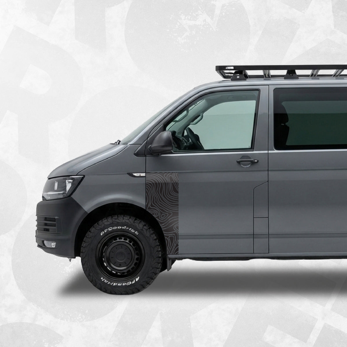 VW Transporter Contour Line Topographic Door Decal on a grey van side view with roof rack.